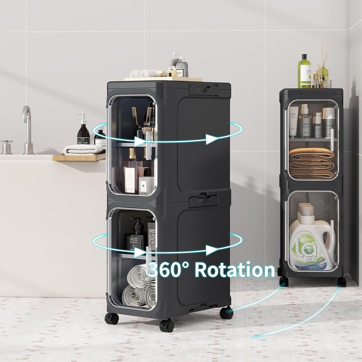 2 Tier Slim Bathroom Storage Cabinet, Foldable and Movable, Black | Tools Free, ABS and PET, Magnetic Clear Door, Adjustable Shelves, Lockable Wheels, Water Resistant, For Narrow Space