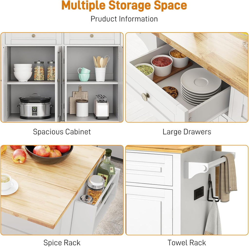 Squireewo 59" Kitchen Cart with Wood Top and Drop Leaf Breakfast Bar, Rolling Mobile Kitchen Island Table on Wheels with Drawer and Storage Cabinet, Spice Rack, Towel Rack, White