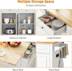 Squireewo 59" Kitchen Cart with Wood Top and Drop Leaf Breakfast Bar, Rolling Mobile Kitchen Island Table on Wheels with Drawer and Storage Cabinet, Spice Rack, Towel Rack, White