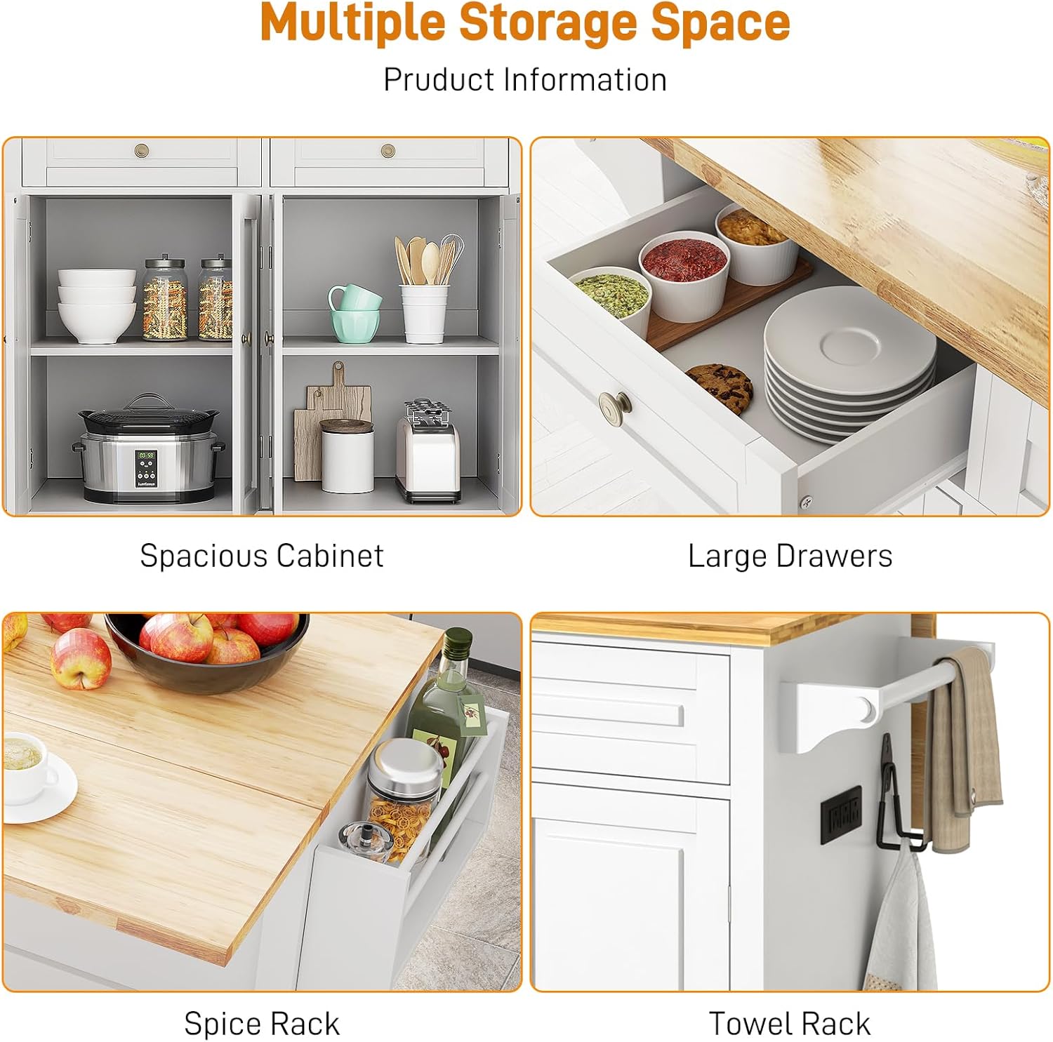 Squireewo 59" Kitchen Cart with Wood Top and Drop Leaf Breakfast Bar, Rolling Mobile Kitchen Island Table on Wheels with Drawer and Storage Cabinet, Spice Rack, Towel Rack, White