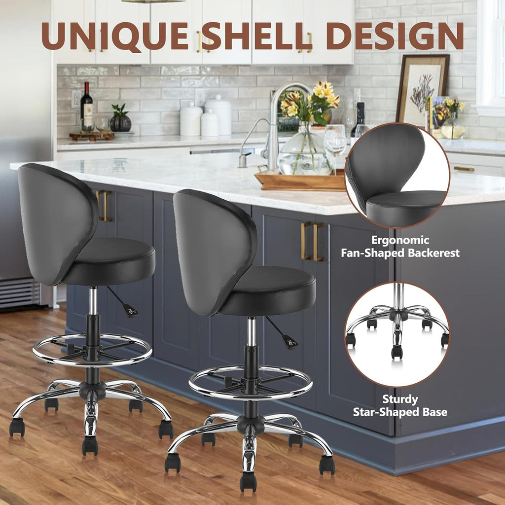 KLASIKA Black PVC Faux Leather Drafting Chair Rolling Swivel Salon Stool Seat Adjustable Height 36 Inch with Back Support Foot Rest Hydraulic Wide Seat for Tattoo Beauty Barber Lash 1Pack