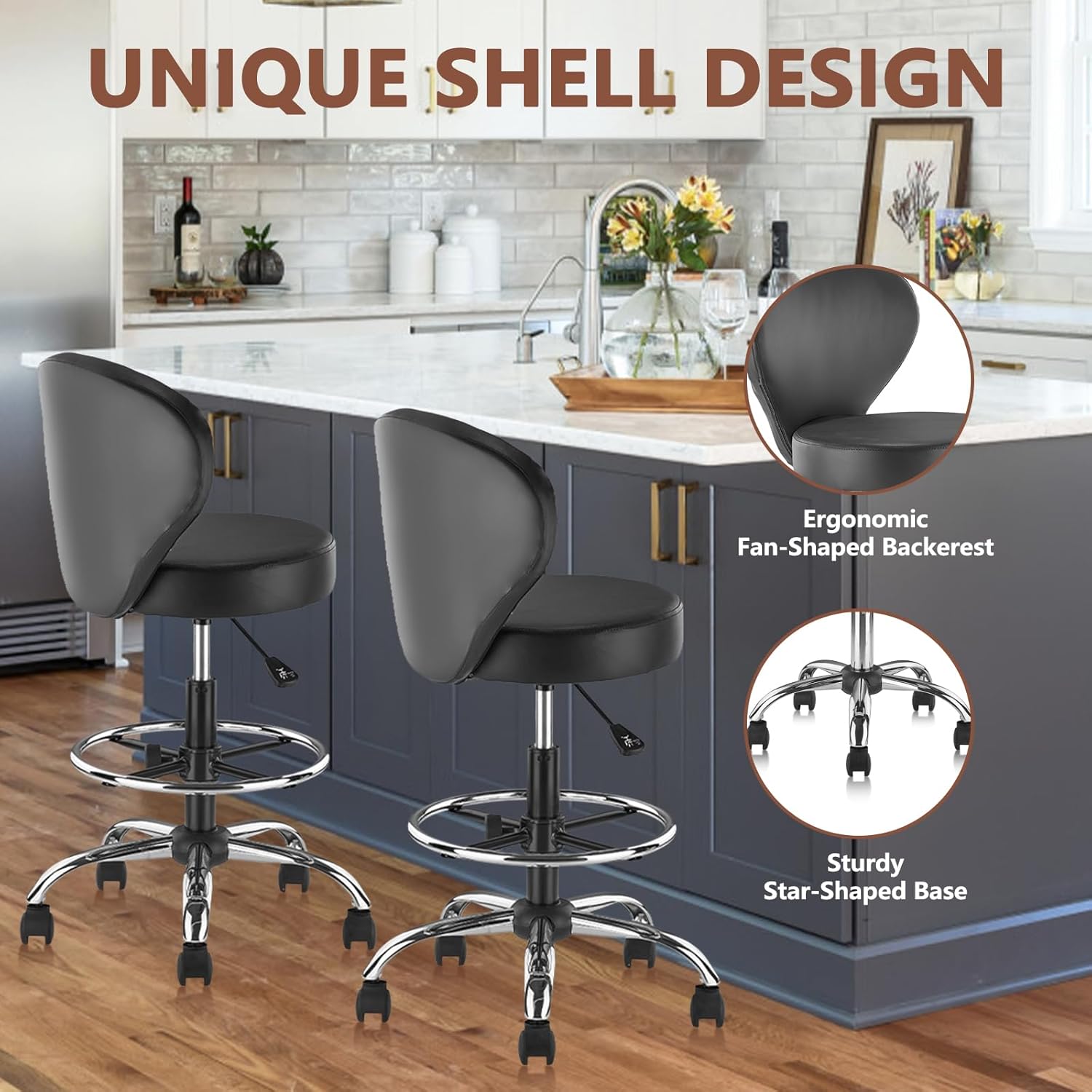KLASIKA Black PVC Faux Leather Drafting Chair Rolling Swivel Salon Stool Seat Adjustable Height 36 Inch with Back Support Foot Rest Hydraulic Wide Seat for Tattoo Beauty Barber Lash 1Pack