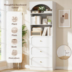Cyclysio 80" Tall Pantry with 6 Drawers, Arched Kitchen Storage Cabinets with 6-Tier Open Shelves and 4 Tempered Glass Doors, Wood Floor Cupboard with Seamless Fit Wall for Living Room