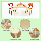 3 Pieces Table and Chair Set, Tiger & Bear Pattern Activity Play Set with Solid Wood Legs, Wooden Furniture for Playroom, Daycare & Kindergarten