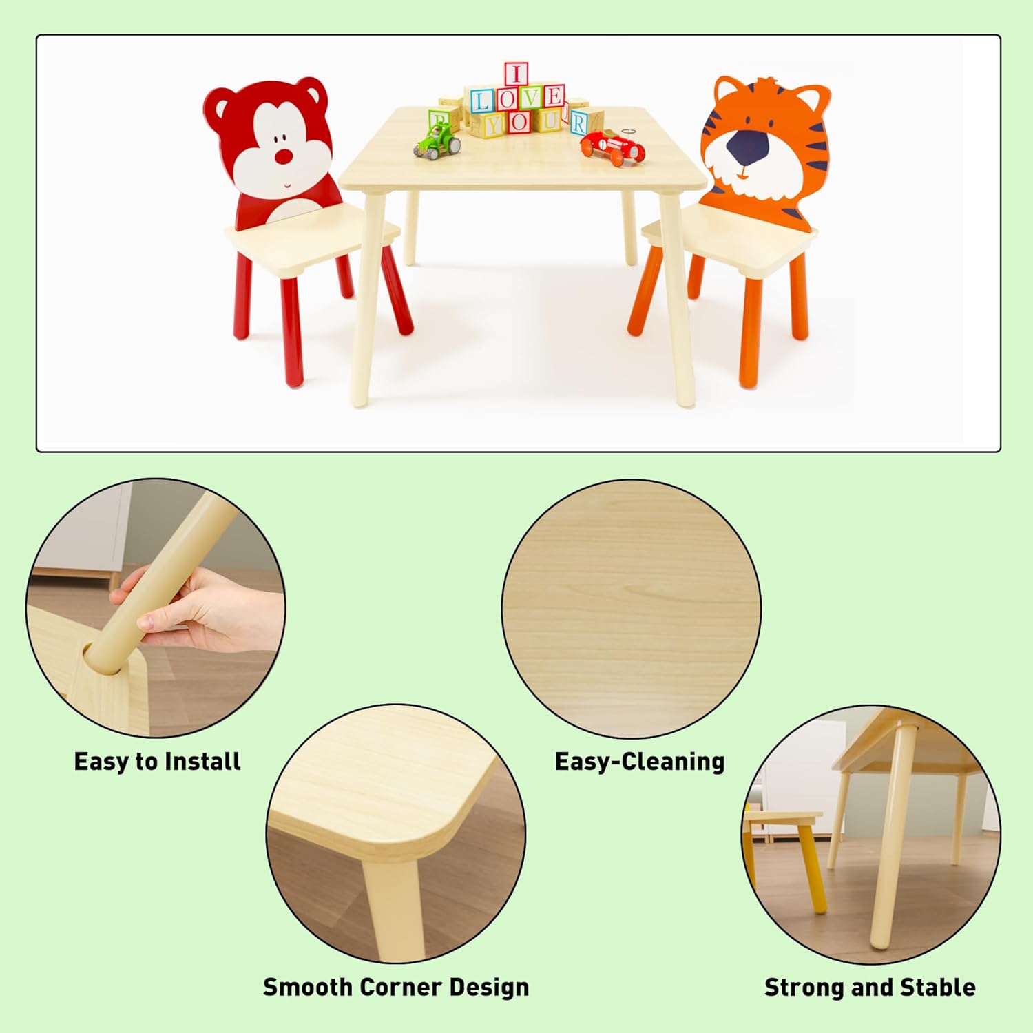 3 Pieces Table and Chair Set, Tiger & Bear Pattern Activity Play Set with Solid Wood Legs, Wooden Furniture for Playroom, Daycare & Kindergarten
