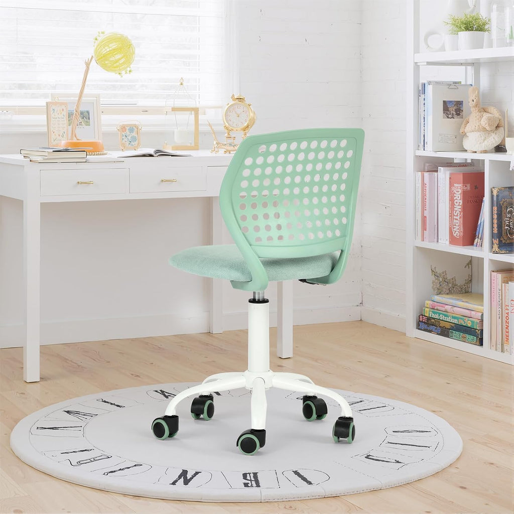 FurnitureR Armless Desk Chair with Wheels, Ergonomic Adjustable Height Swivel Task Chair with Breathable Back and Padded Seat, Rolling Study Computer Seating for Kids Teens, Mint Green