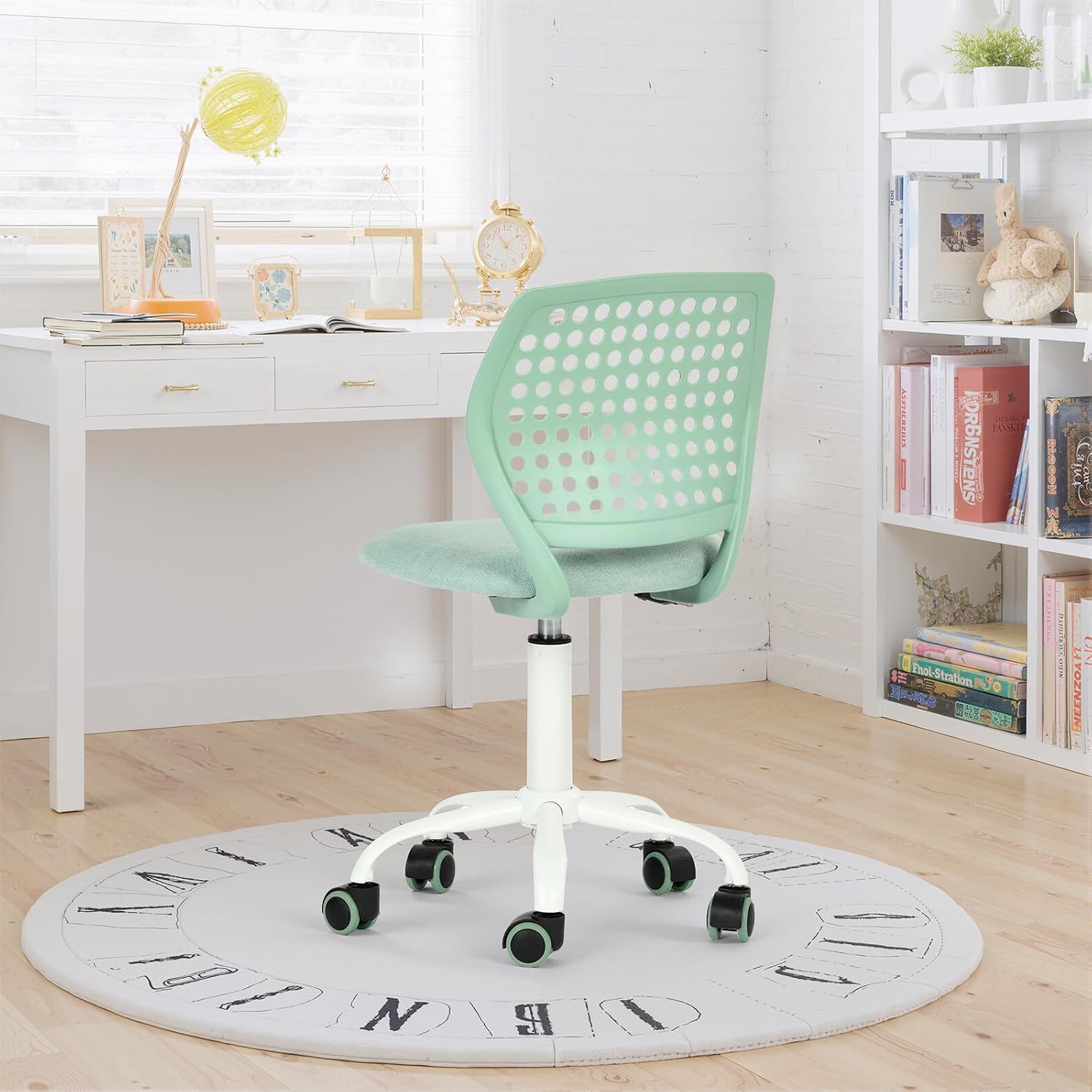 FurnitureR Armless Desk Chair with Wheels, Ergonomic Adjustable Height Swivel Task Chair with Breathable Back and Padded Seat, Rolling Study Computer Seating for Kids Teens, Mint Green