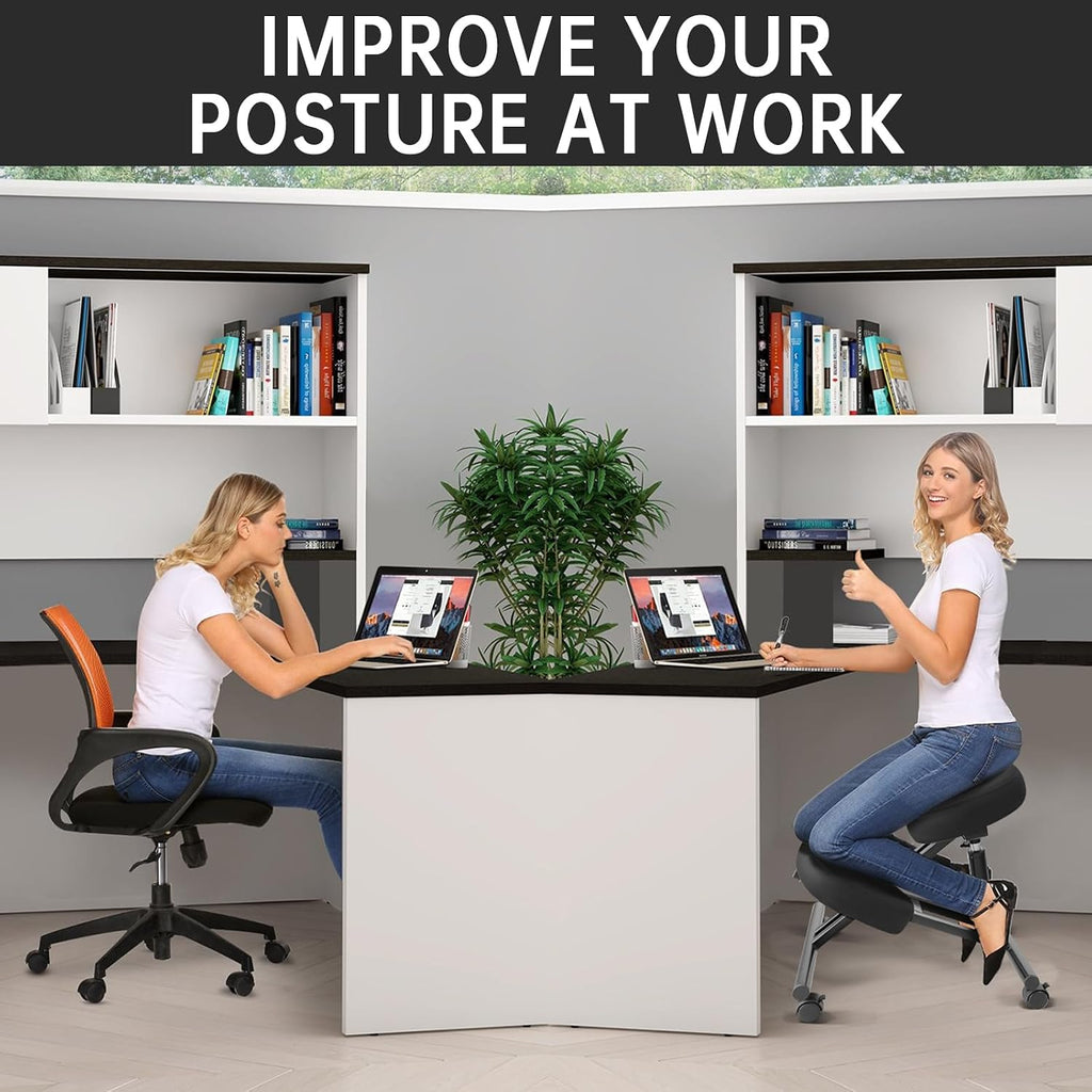 PU Leather Ergonomic Kneeling Chair, Adjustable Home and Office Stool with Thick Pads and Flexible Lockable Brake Wheels for Back Pain Relief (Light Black)