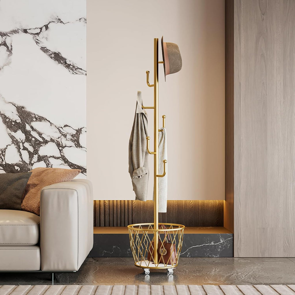 SYO Portable single-pole coat rack with 6 hooks and storage basket; floor-standing coat rack for bedroom and hallway; casters for easy movement; modern minimalist design.