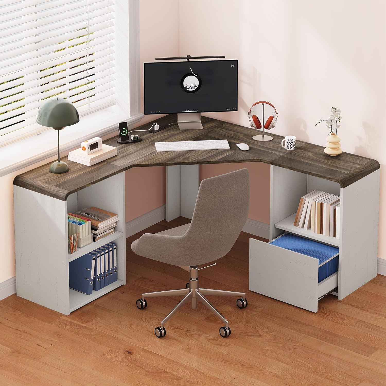 L Shaped Desk with Power Outlets & USB C Port, 59'' Reversible L-Shaped Computer Desk with File Drawer for Letter Legal Size, Corner Office Desk with Storage Shelves, Rounded Corners, White