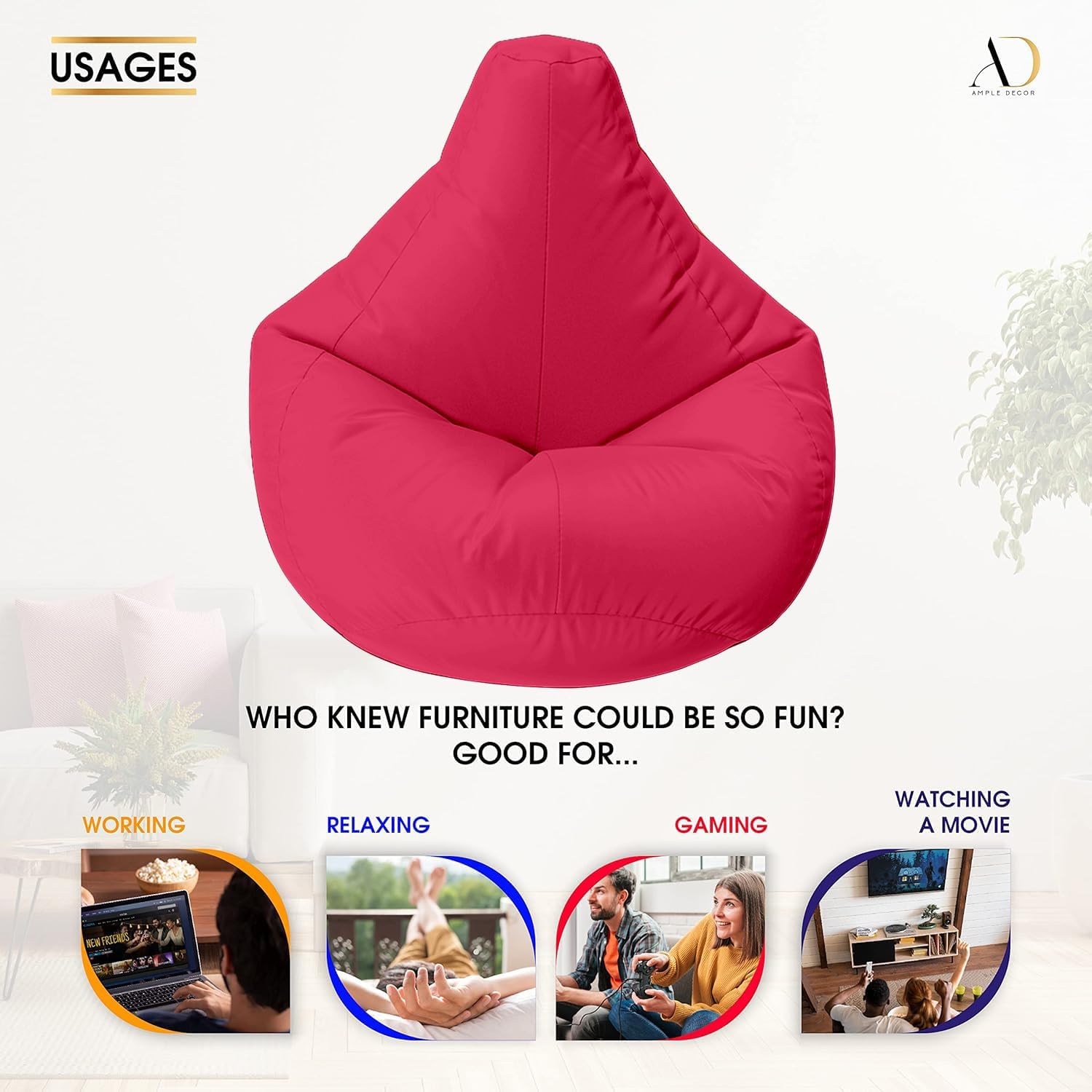 Ample Decor Bean Bag Cover (Filler Not Included), Plush Toys Storage Soft Leatherette, Durable Construction Sturdy Zipper, Ideal for Children and Teenagers - Pink