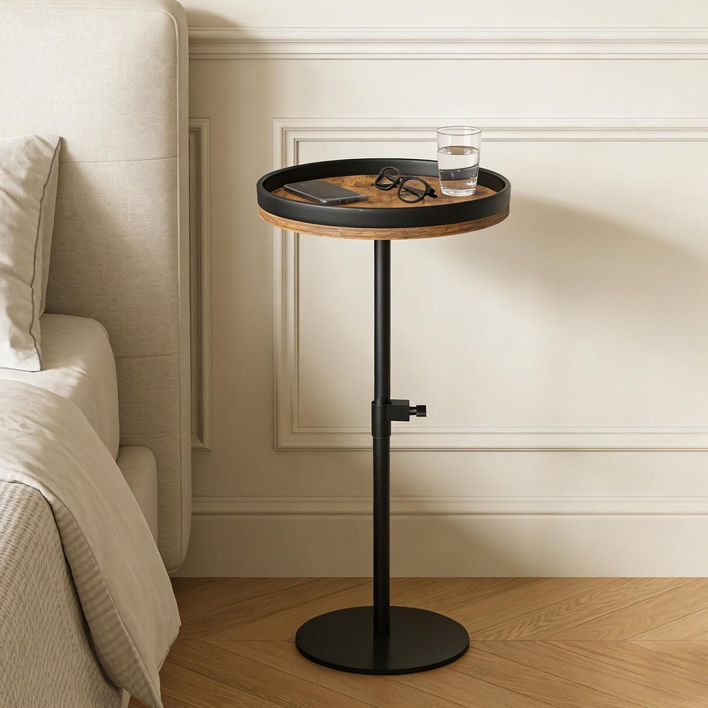 Drink Table, Small Round Side Table Height Adjustable Martini Table with Weighted Metal Base, Pedestal Table for Small Spaces, Accent Table for Living Room, Bedroom, Bathroom (Brown-1)