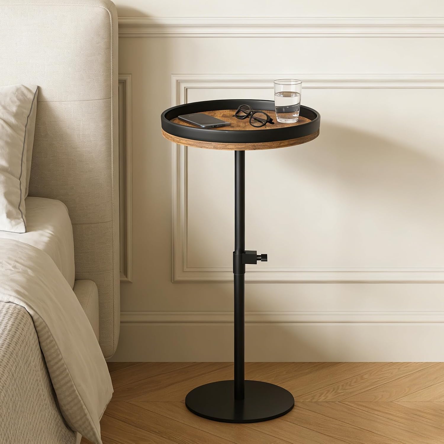 Drink Table, Small Round Side Table Height Adjustable Martini Table with Weighted Metal Base, Pedestal Table for Small Spaces, Accent Table for Living Room, Bedroom, Bathroom (Brown-1)