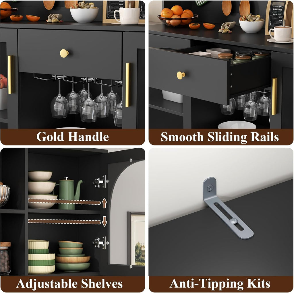 72" Tall Wine Bar Cabinet with LED Lights, Coffee Bar Cabinet with Storage Drawer & Hutch & Pegboard, Modern Liquor Cabinets with 9-grid Wine & Glass Racks,Pantry Cabinet for Kitchen,Living Room,Black