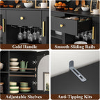 72" Tall Wine Bar Cabinet with LED Lights, Coffee Bar Cabinet with Storage Drawer & Hutch & Pegboard, Modern Liquor Cabinets with 9-grid Wine & Glass Racks,Pantry Cabinet for Kitchen,Living Room,Black