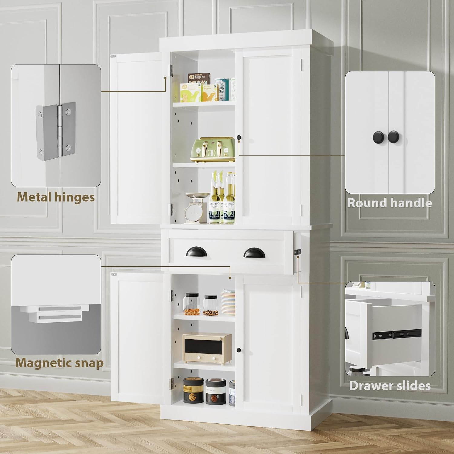 Flamaker 72" Kitchen Pantry Cabinet, Tall Pantry Storage Cabinet with Drawer and 4 Adjustable Shelves, Freestanding Pantry Cupboard Cabinet for Kitchen, Dining Room and Living Room (White)