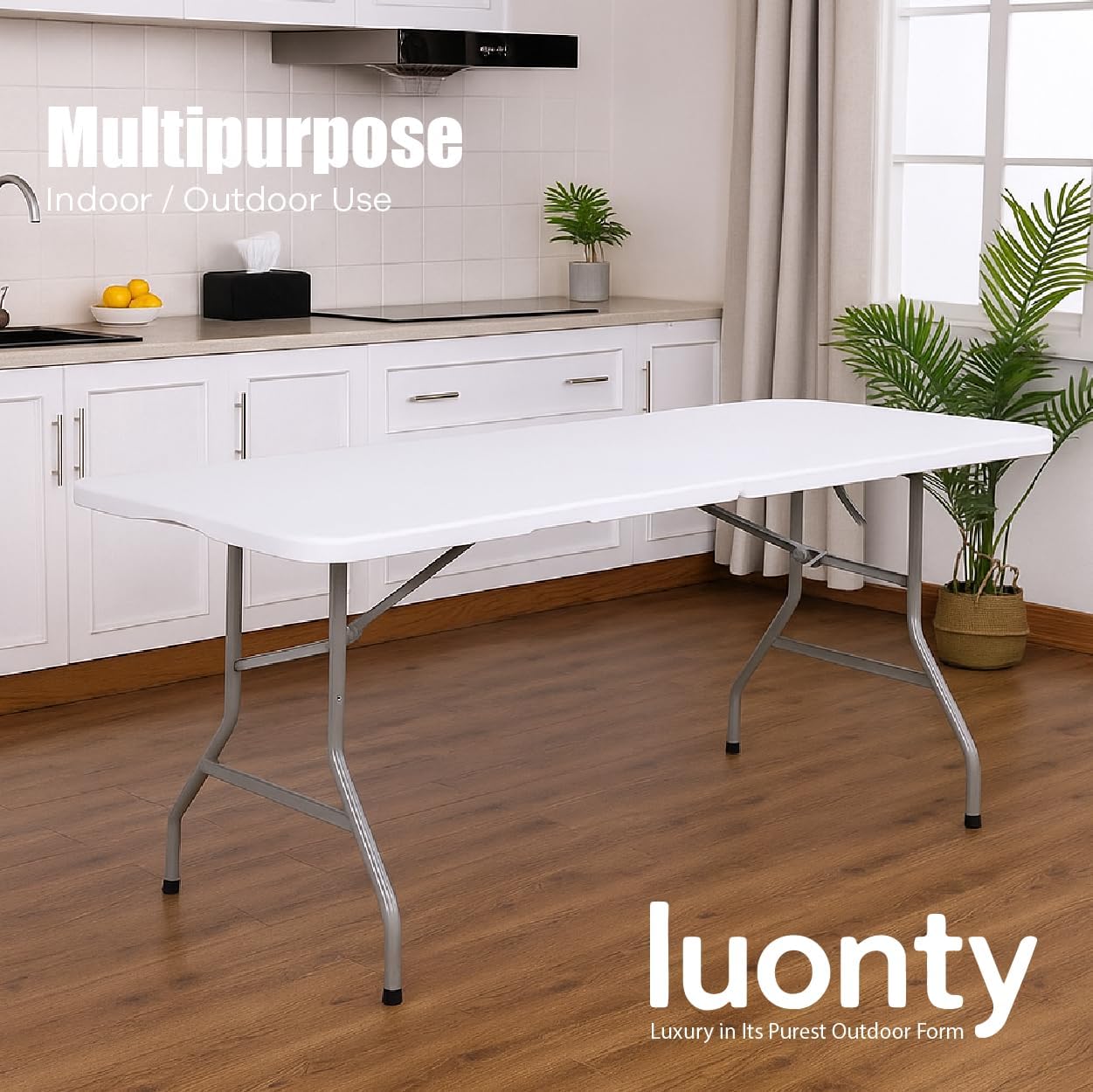Luonty 6ft Folding Table – Heavy Duty Plastic Table for Patio, Events, or Camping – Portable, Weather-Resistant, Easy to Store – Holds up to 330 lbs