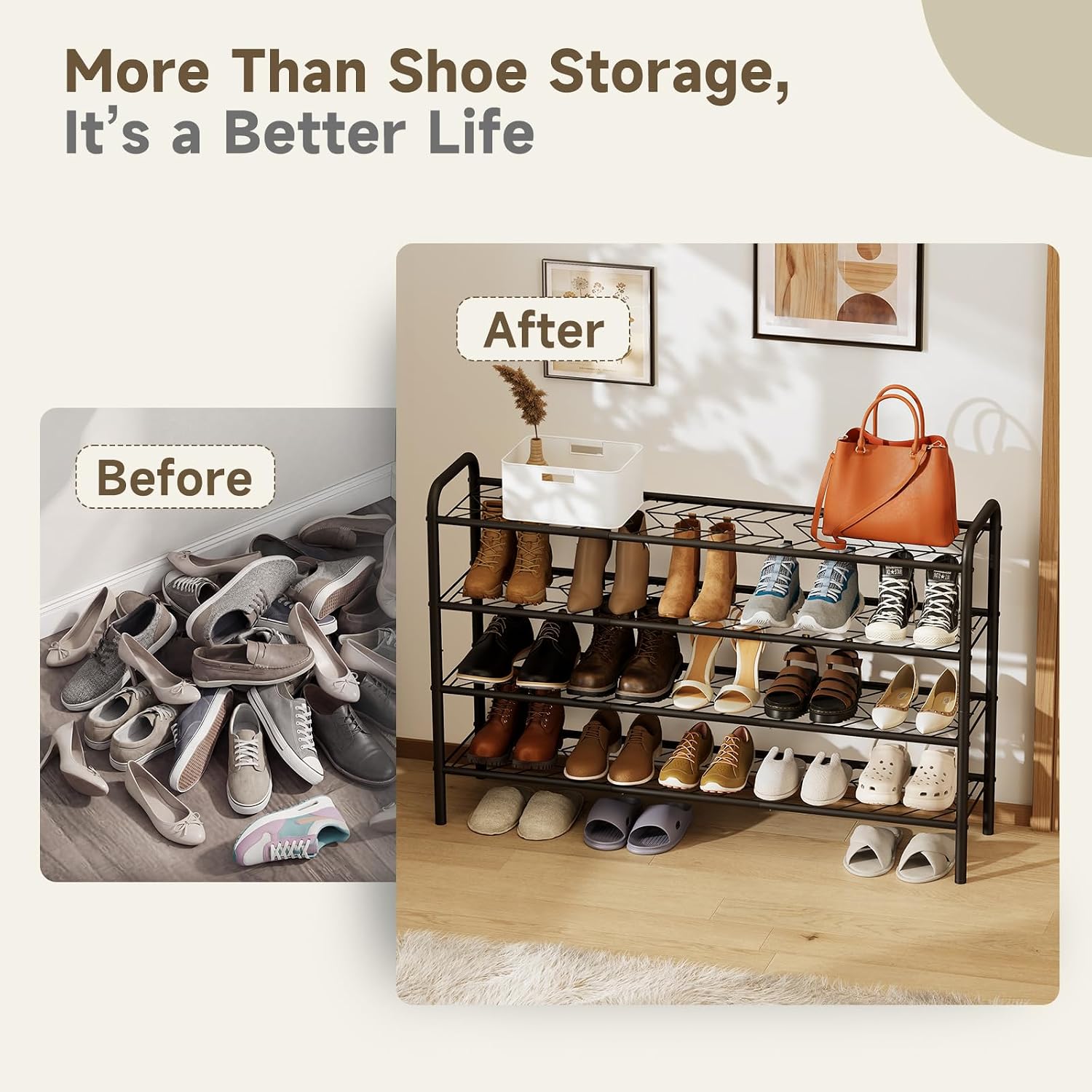 Shoe Rack,Long Shoe Organizer for Closet,Wide Shoe Storage for Entryway,4 Tier Sturdy Metal Free Standing Shoe Shelf