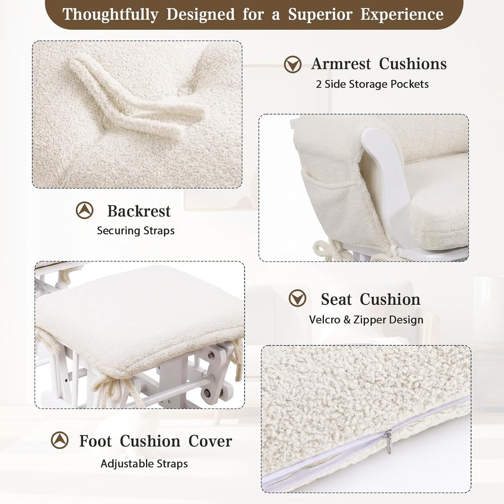ANMINY 5pcs Glider Rocker Replacement Cushions Set with Ottoman Cover, 3.5Inch Thickened Fleece Glider Rocking Chair Cushions with 29.5Inch Tufted Backrest & Side Pockets for Indoor Nursery, Beige