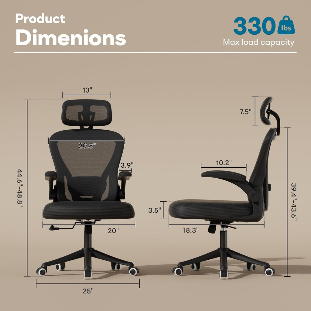 SeekFancy Ergonomic Office Chair M903, Computer Desk Chair | High Back Mesh Office Chair with Adjustable Lumbar Support, Headrest, Flip-Up Armrests, Wheels, 330LBS Capacity, Black
