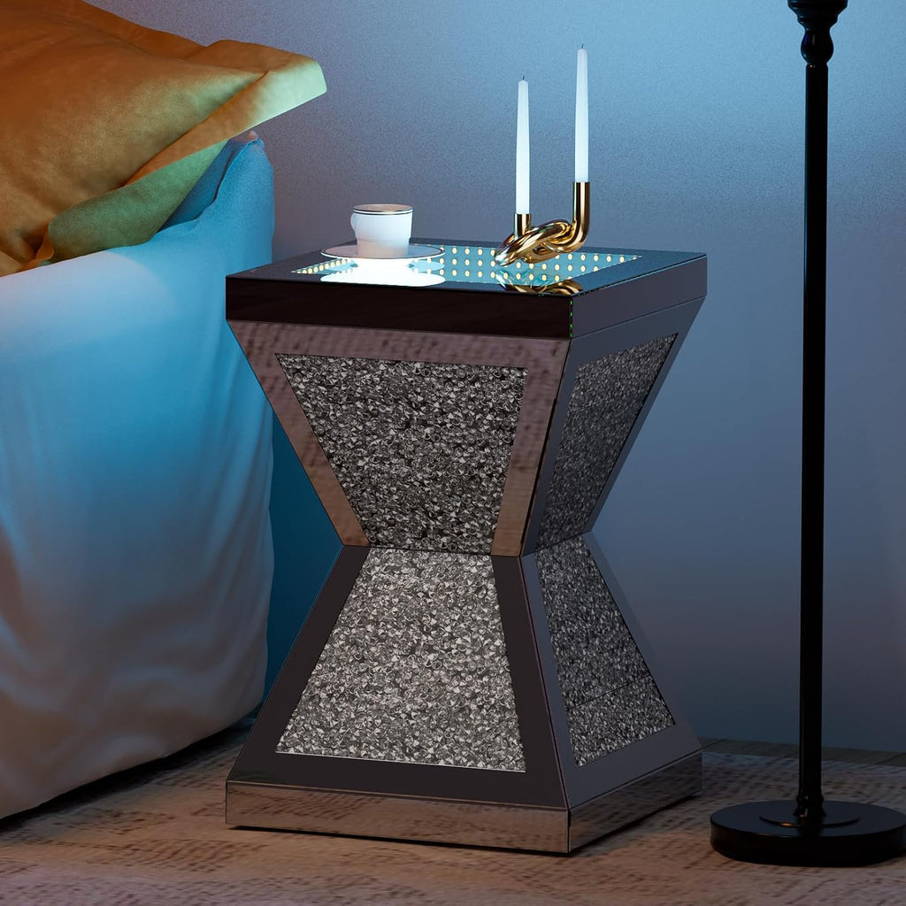 IKIFLY Mirrored Nightstand Set of 2, LED End Table with Irregular Base, Silver Accent Beside Table with Crushed Diamond for Living Room, Bedroom and Office (Remote Control Included)