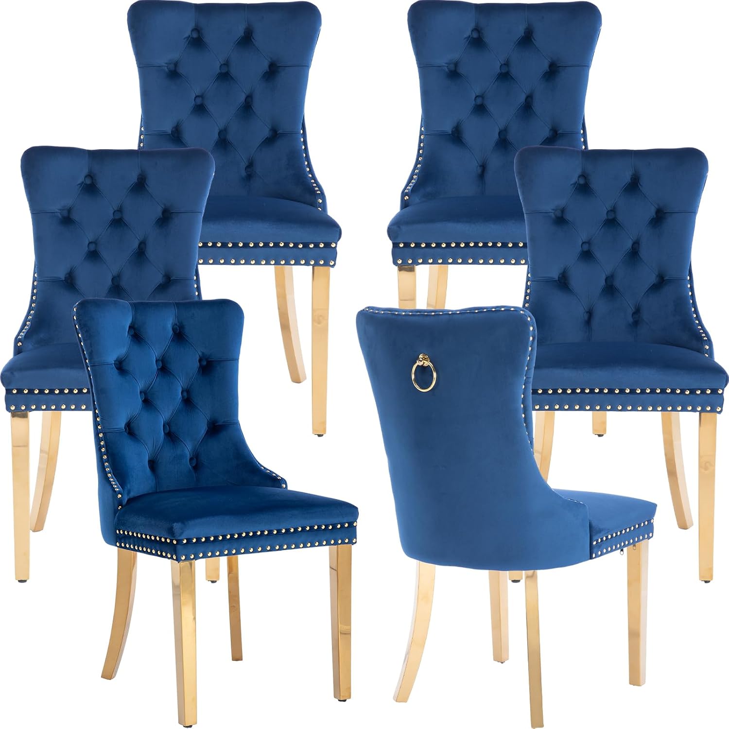 Velvet Dining Chairs Set of 6, Tufted Upholstered High Wingback Chairs with Nailhead Trim & Pull Ring, Golden Stainless Steel Legs for Dining Room, Sillas de Comedor, Blue