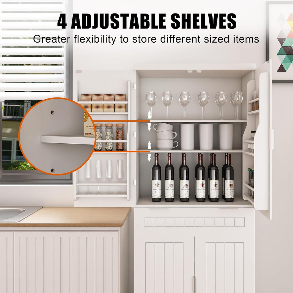 Polibi Freestanding Pantry Cabinet - Adjustable Shelves, Slide-Out Drawer & 6 Door Shelves, Farmhouse Design for Kitchen/Laundry Room, White