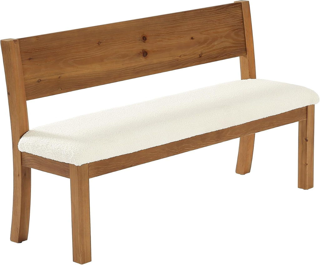 55" Solid Wood Entryway Bench Farmhouse Dining Bench with Backrest Long Window Bench with Cushion, Upholstered Storage Bench for Hallway Dining Room Bedroom, Sherpa White & Brown