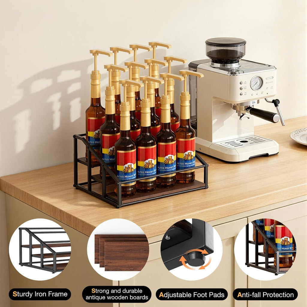kimilus Coffee Syrup Organizer Rack, Liquor Bottle Display Shelf, 3 Tier 12 Syrup Bottles Holder Stand for Coffee Bar Kitchen Small Wine Rack for Family Storage for Syrup Wine Dressing