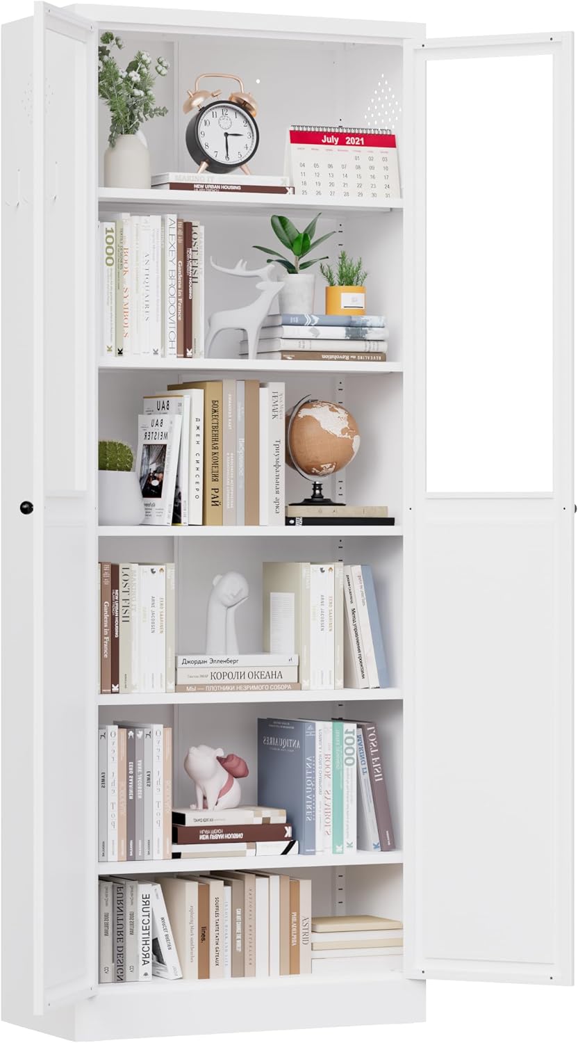 72" White Storage Cabinet Metal Kitchen Pantry Cabinet with Glass Doors & Adjustable Shelves,Freestanding Storage Organizer Utility Cupboard for Pantry, Kitchen, Bathroom