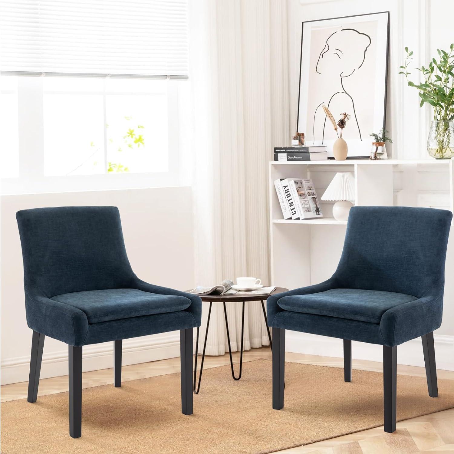 COLAMY Modern Dining Chairs Set of 2, Upholstered Accent Side Leisure Chairs with Mid Back and Wood Legs for Living Room/Dining Room-Blue