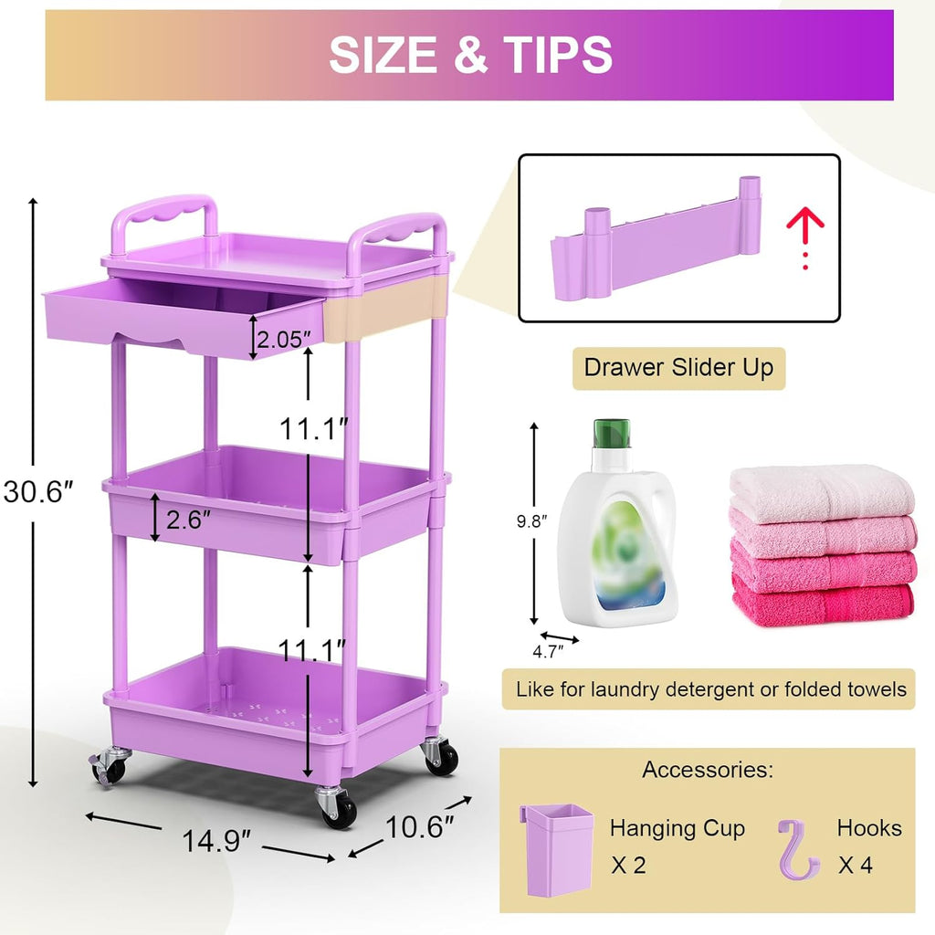 Goovilla 3 Tier Rolling Utility Cart Organizer with Removable Drawer, Stable and Sturdy Purple Rolling Storage Carts with 2 Lockable Wheels for Bathroom, Kitchen, Snack, Craft, Makeup, Baby Essentials