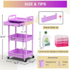 Goovilla 3 Tier Rolling Utility Cart Organizer with Removable Drawer, Stable and Sturdy Purple Rolling Storage Carts with 2 Lockable Wheels for Bathroom, Kitchen, Snack, Craft, Makeup, Baby Essentials