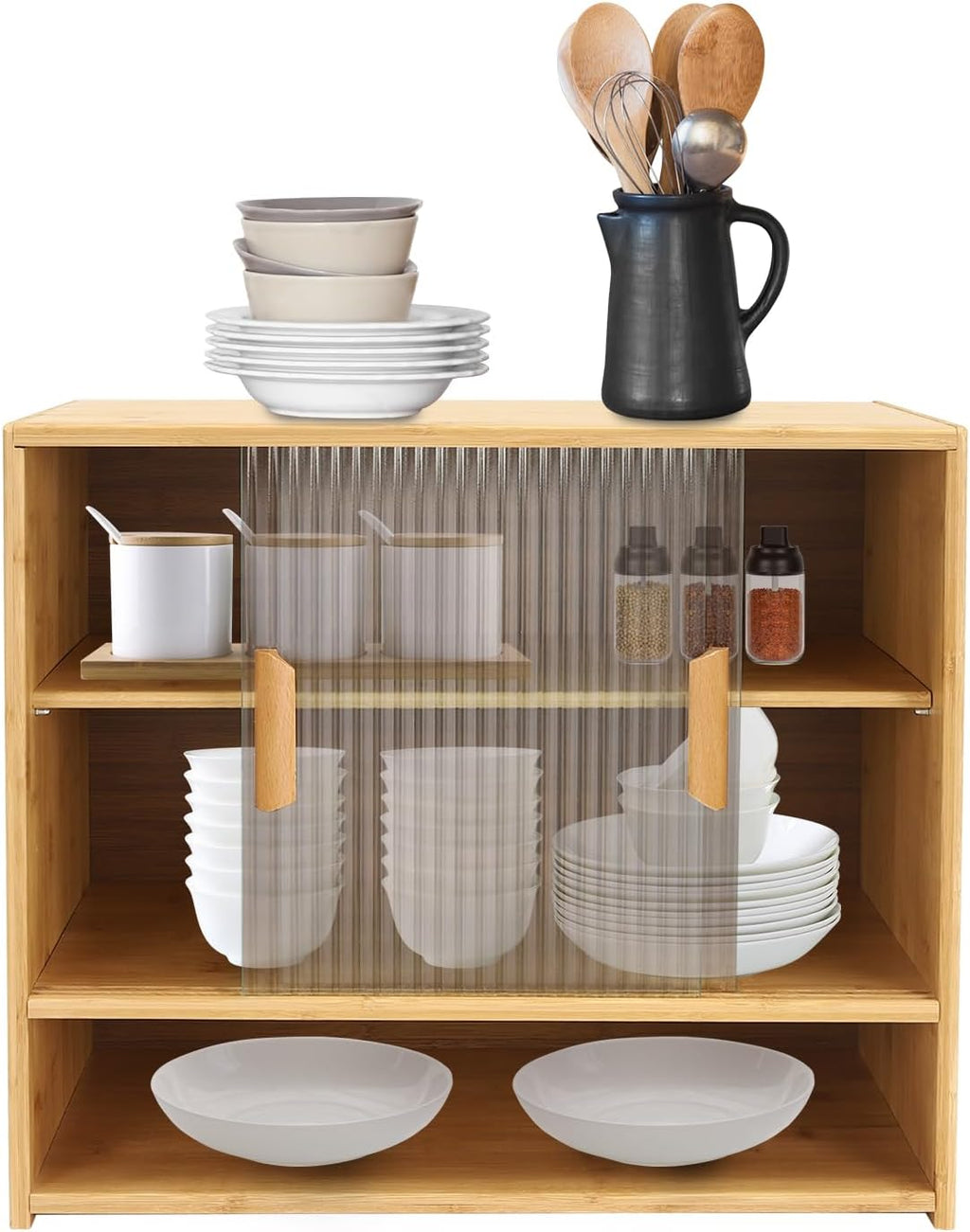 3 Tier Small Bamboo Pantry, Freestanding Dining Cupboard Kitchen Sideboard Countertop Storage Cabinet with 2 Sliding Striped Glass Doors for Spice Seasoning Bottles, Dish, Bowl (Log-Colored)