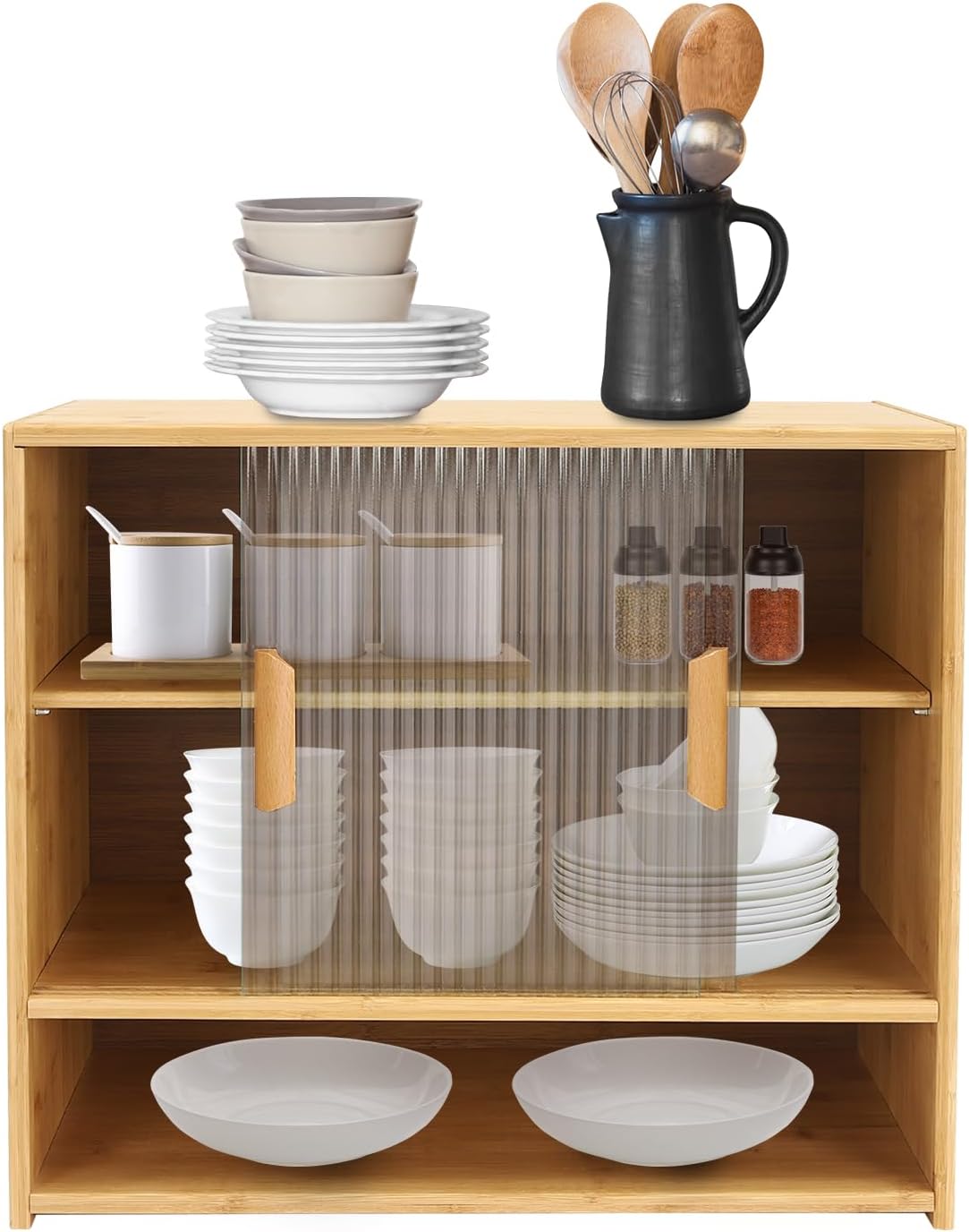 3 Tier Small Bamboo Pantry, Freestanding Dining Cupboard Kitchen Sideboard Countertop Storage Cabinet with 2 Sliding Striped Glass Doors for Spice Seasoning Bottles, Dish, Bowl (Log-Colored)