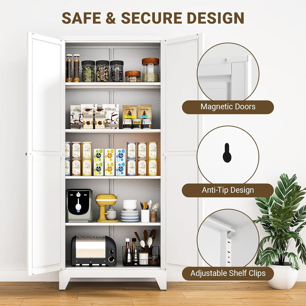 71" Tall Metal Kitchen Pantry Cabinet, Freestanding Steel Storage Cabinet with Doors, 4 Adjustable Shelves, for Dining Room, White