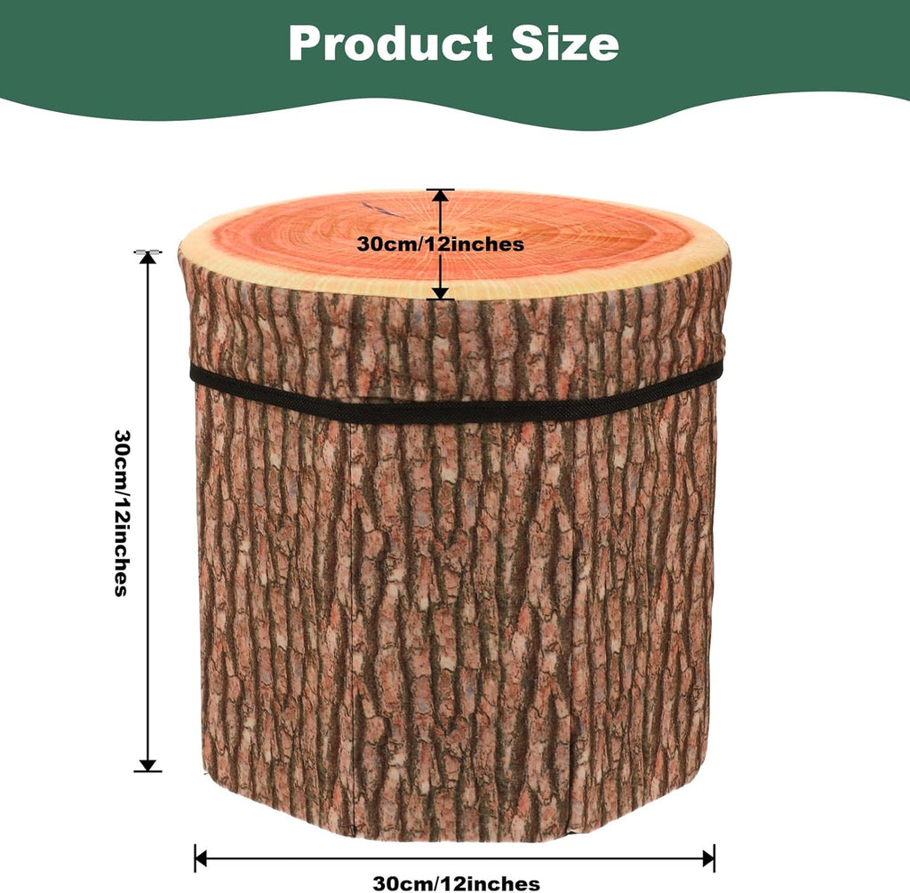 3 Pcs Tree Stump Storage Stool, 12 x 12 Inch Fiberboard Ottoman with Foam Cushion, Folding Toy Box and Foldable Seat Chest for Kids, Classic Design