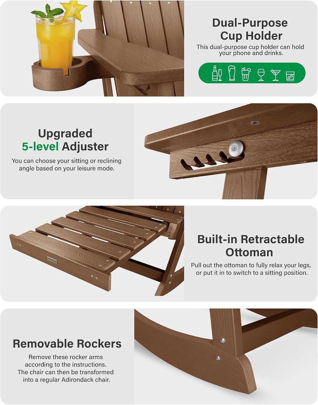 YEFU Adirondack Chairs with Retractable Ottoman: Oversize Adirondack Rocking Chairs - 5-Level Adjustable High Back - Outdoor Rocker with Cup Holder for Porch/Gardens/Lawn/Patio/Backyard/Teak