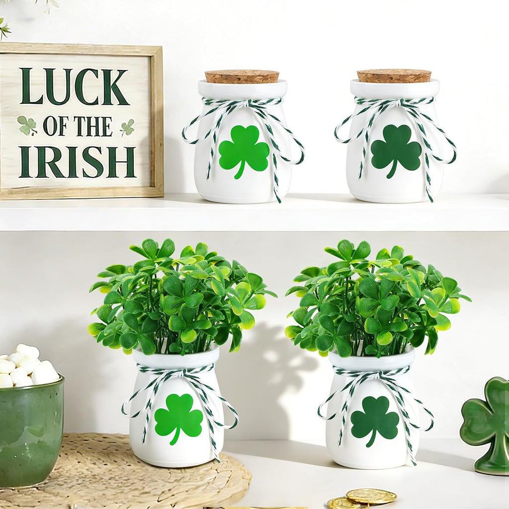 St. Patrick’s Day Decorations for Table – 4 Pack Mini Shamrock Decoration Vases with Artificial Shamrock Picks, St Patrick’s Day Decor for Home & Office