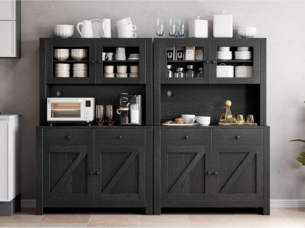 IDEALHOUSE 63" Kitchen Pantry Cabinet with Drawers, Hutch Cabinet with Storage, Microwave Stand, Adjustable Shelves, Freestanding Tall Pantry Storage for Dining Room, Living Room, Black