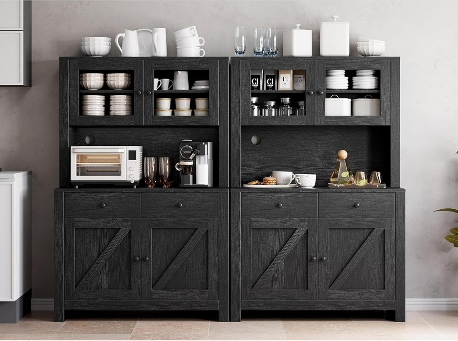 IDEALHOUSE 63" Kitchen Pantry Cabinet with Drawers, Hutch Cabinet with Storage, Microwave Stand, Adjustable Shelves, Freestanding Tall Pantry Storage for Dining Room, Living Room, Black