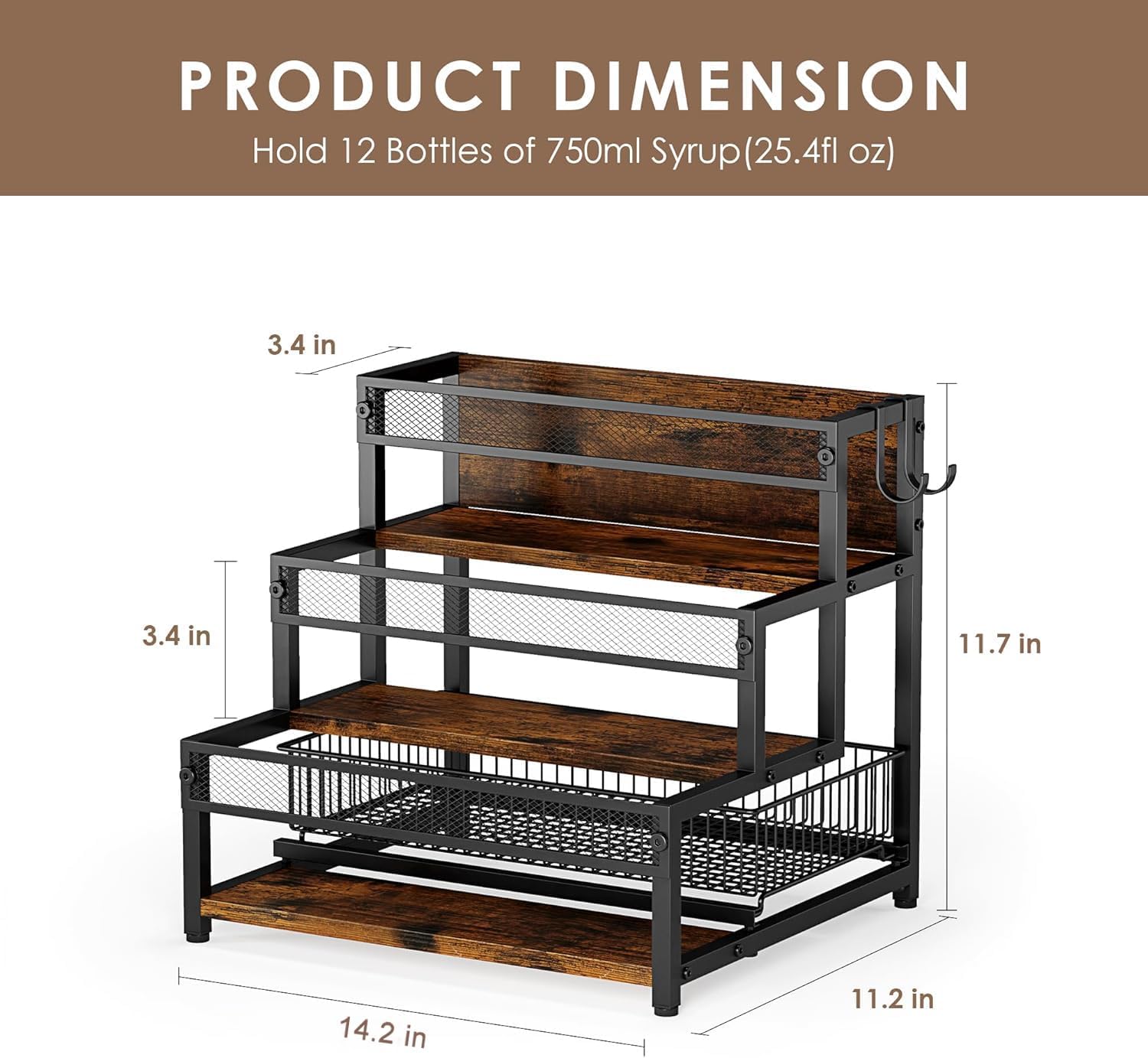 LOTEYIKE 3 Tier Coffee Syrup Rack Organizer, 12 Water Bottles Holder Stand Liquor Cabinet Storage, Wine Rack Countertop Storage Rack Coffee Bar Cabinet for Kitchen