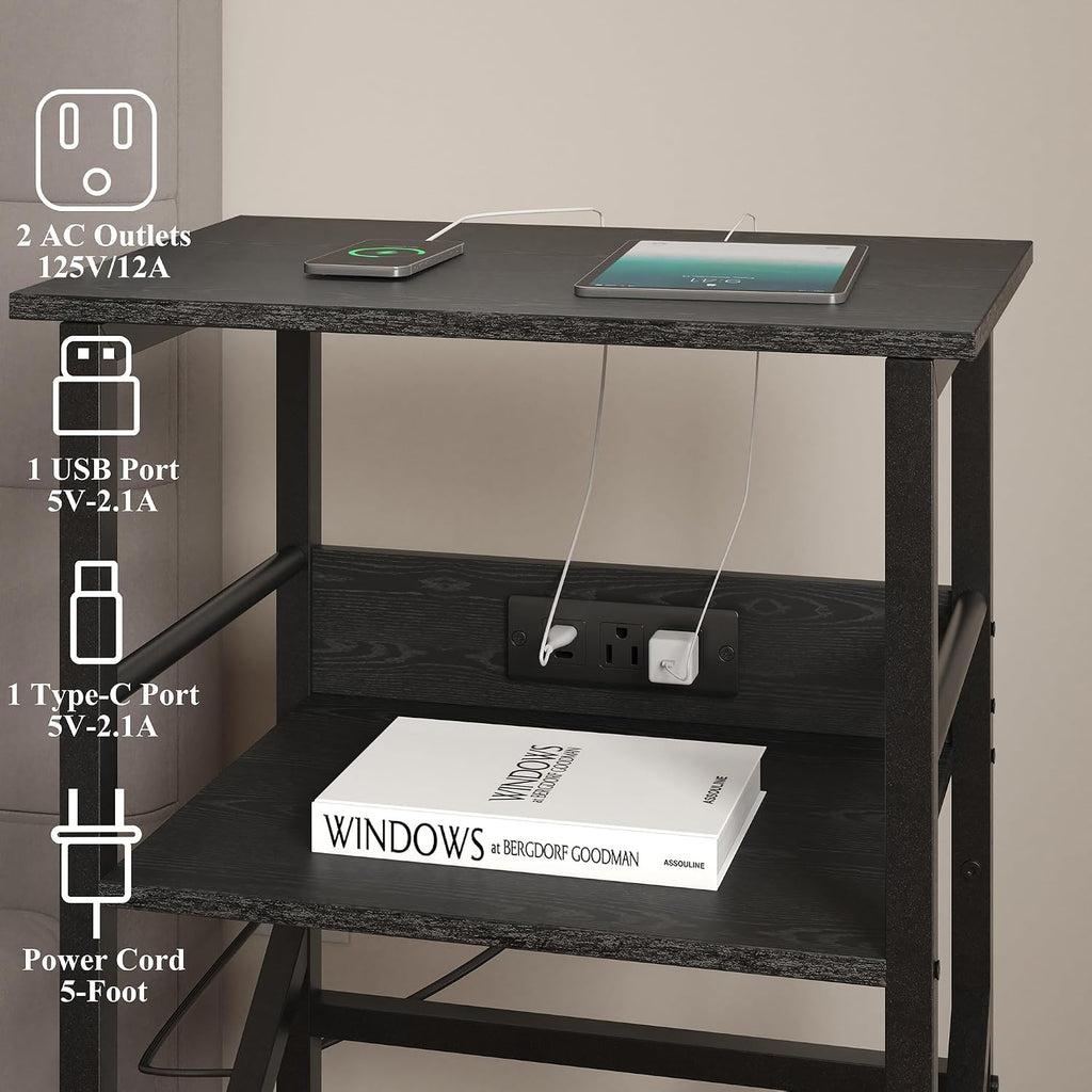 DALEMHOME Record Player Stand with Charging Station, 3-Tier Side Table for 100 Vinyl Storage, End Table for Living Room, Bedroom, Black HKET1002BK