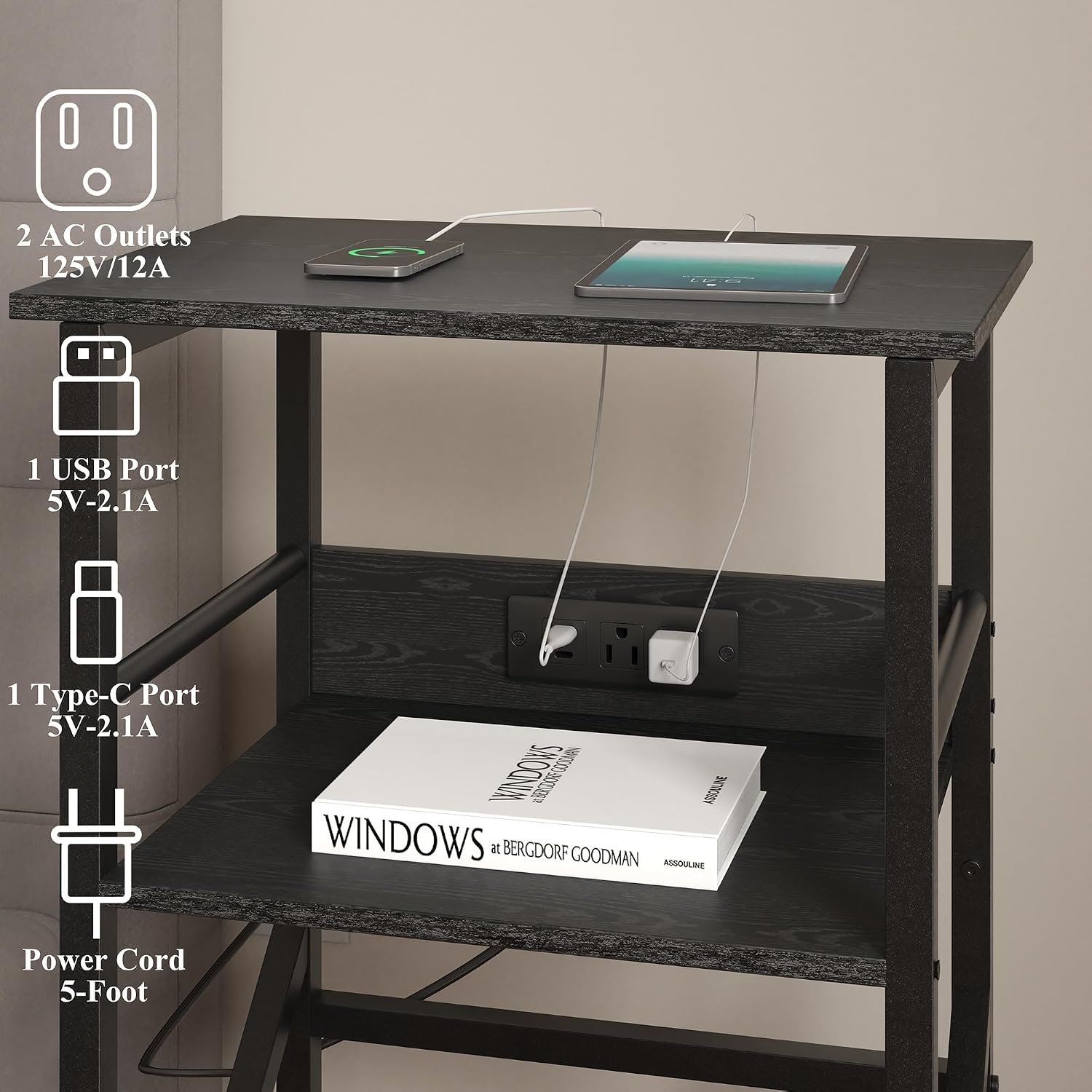 DALEMHOME Record Player Stand with Charging Station, 3-Tier Side Table for 100 Vinyl Storage, End Table for Living Room, Bedroom, Black HKET1002BK