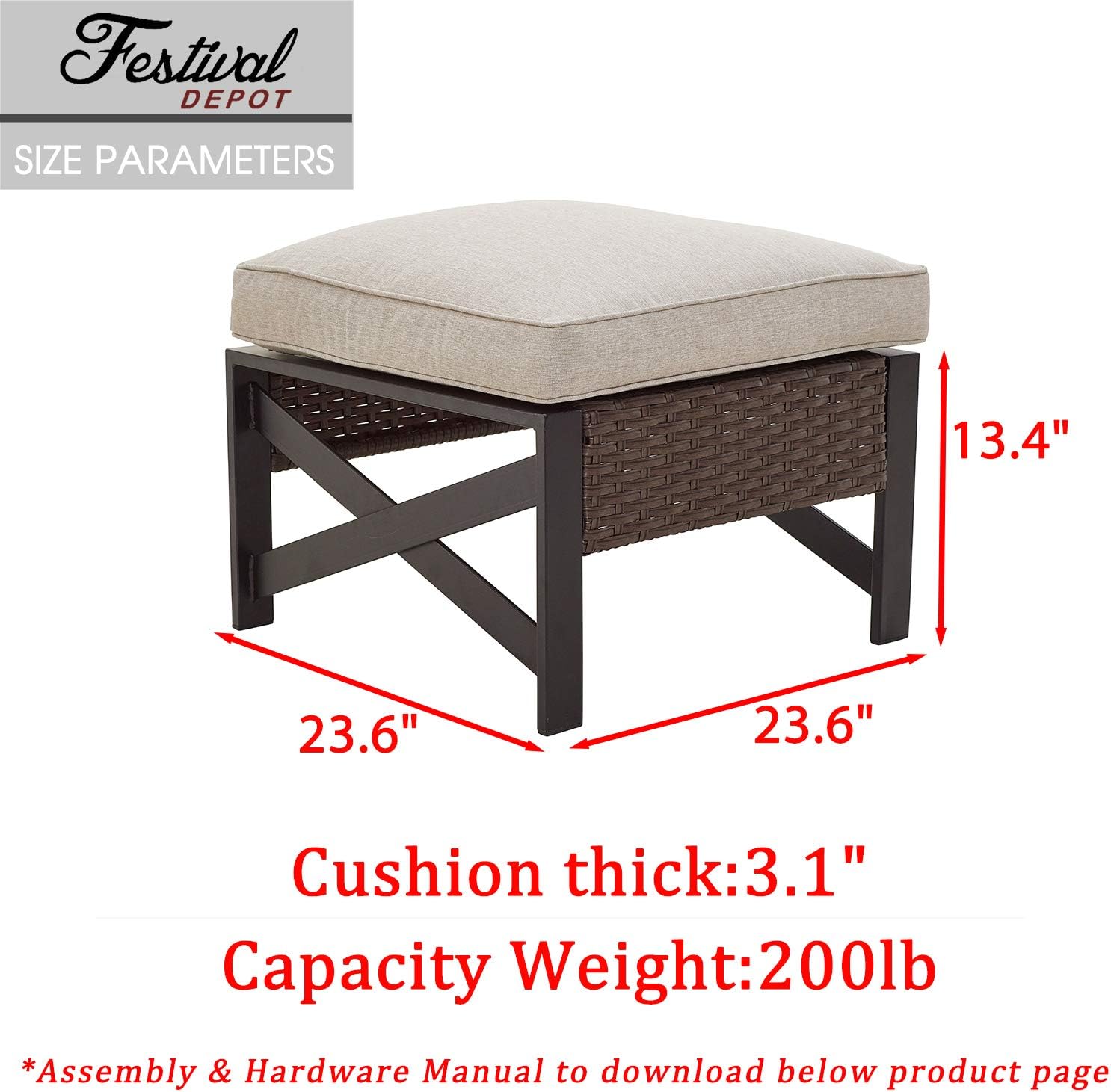 Festival Depot Patio Ottoman Footstool Outdoor Furniture with Wicker Rattan, X Shape Slatted Steel Frame Foot Rest with Premium Fabric Soft Cushion Square for Garden Yard Lawn All-Weather