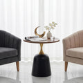 Round Side Table, 23.6 Inch, Walnut Wood Top with Black and Gold Metal Base, Modern Living Room End Table