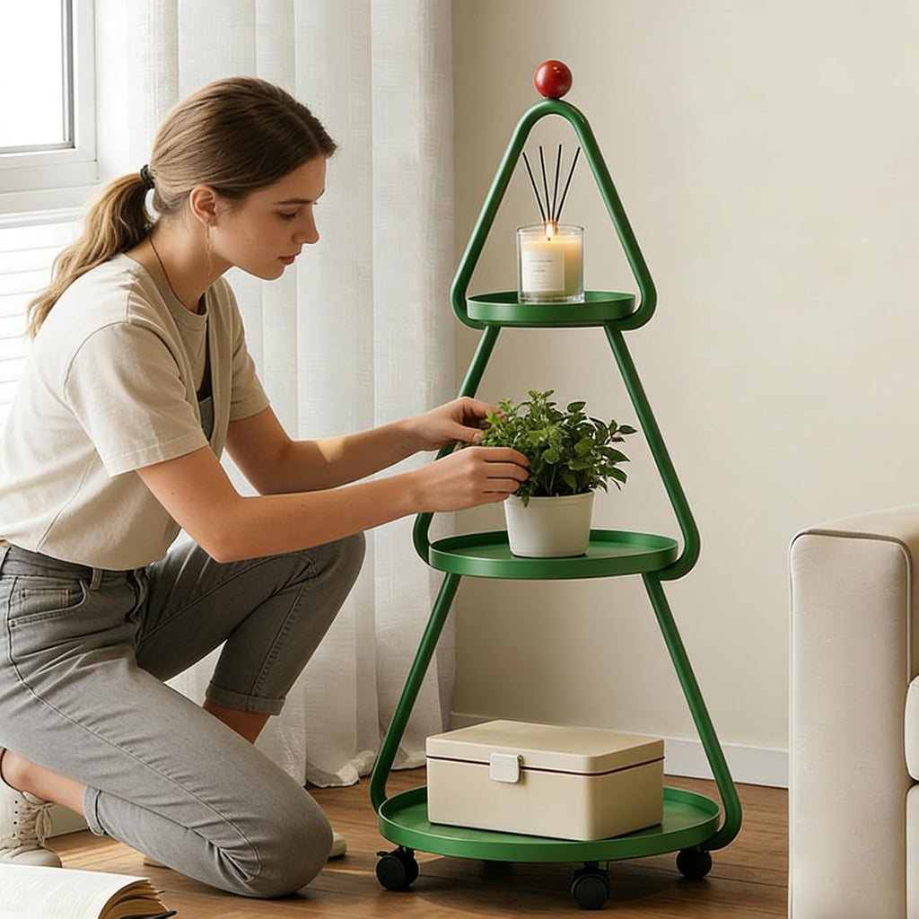 Tree-Shaped Side Table Metal 3-Tier End Table with Rolling Wheels Couch Tables for Small Space, Living Room, Bedroom Green