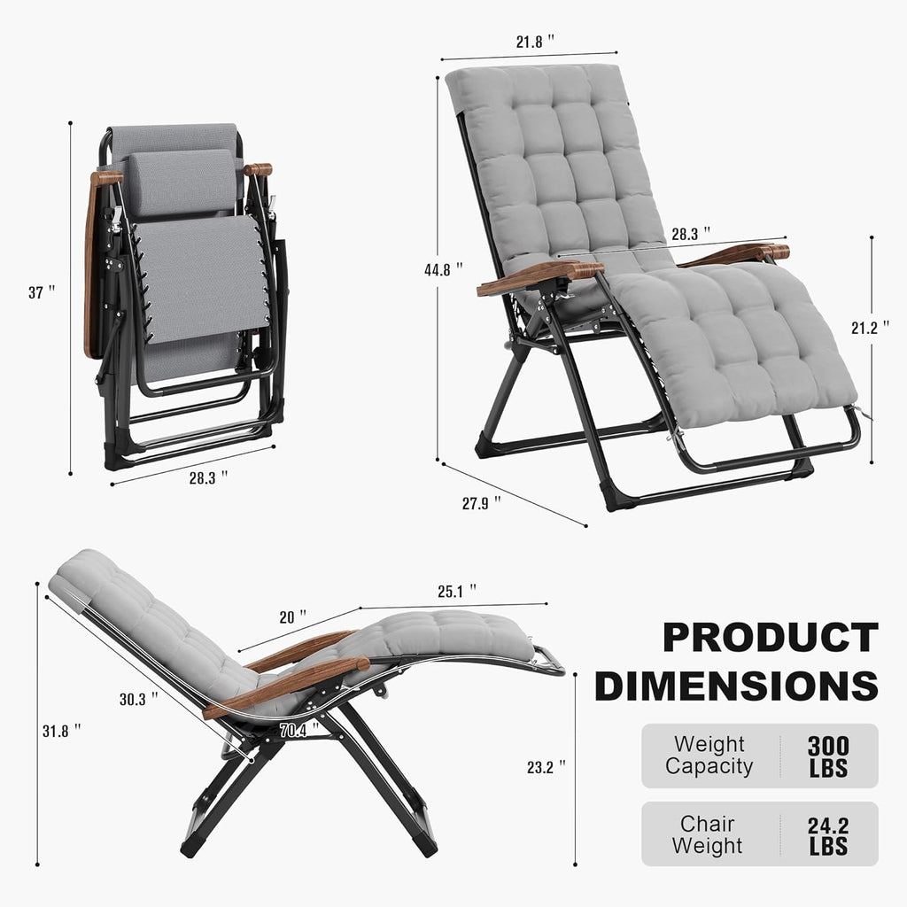 PURPLE LEAF Oversized Outdoor Reclining Chair Patio Zero Gravity Chaise Lounge Folding Chair with Removable Cushion Adjustable Headrest for Lawn Camping Beach Pool Grey