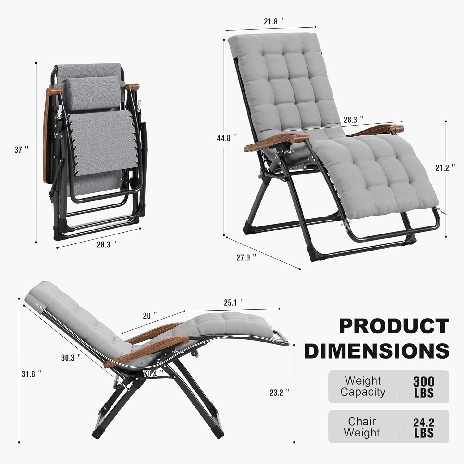PURPLE LEAF Oversized Outdoor Reclining Chair Patio Zero Gravity Chaise Lounge Folding Chair with Removable Cushion Adjustable Headrest for Lawn Camping Beach Pool Grey