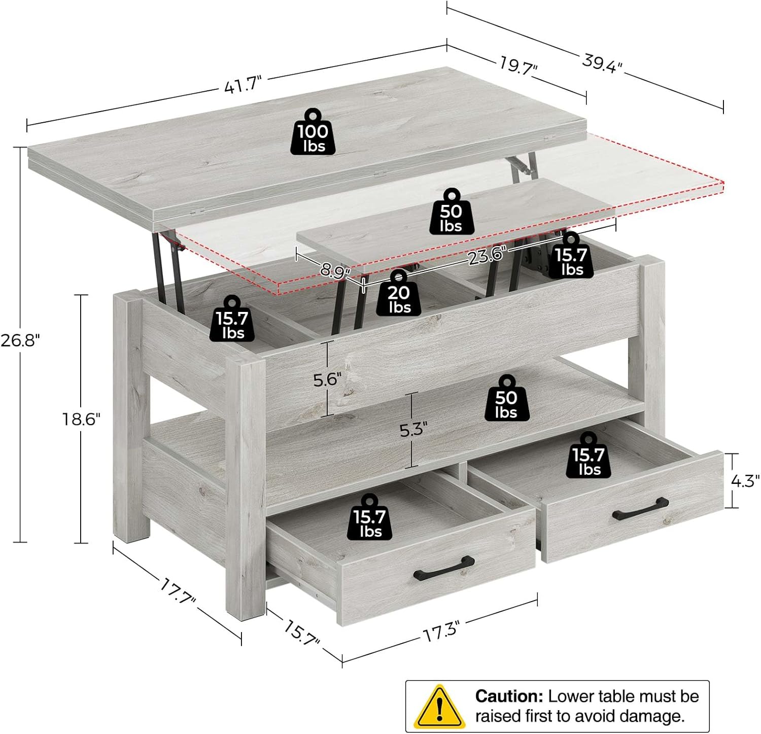 Rolanstar Coffee Table Lift Top, Multi-Function Convertible Coffee Table with Drawers and Hidden Compartment, Converts to Dining Table for Living Room, Home Office,Grey